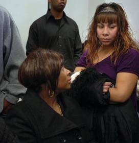 At a press conference Sunday called by John Burris, the familys attorney, Oscar Grants mother, Wanda Johnson, and his daughters mother, Sophina Mesa, comforted each other.  Photo: Dan Honda, Oakland Tribune