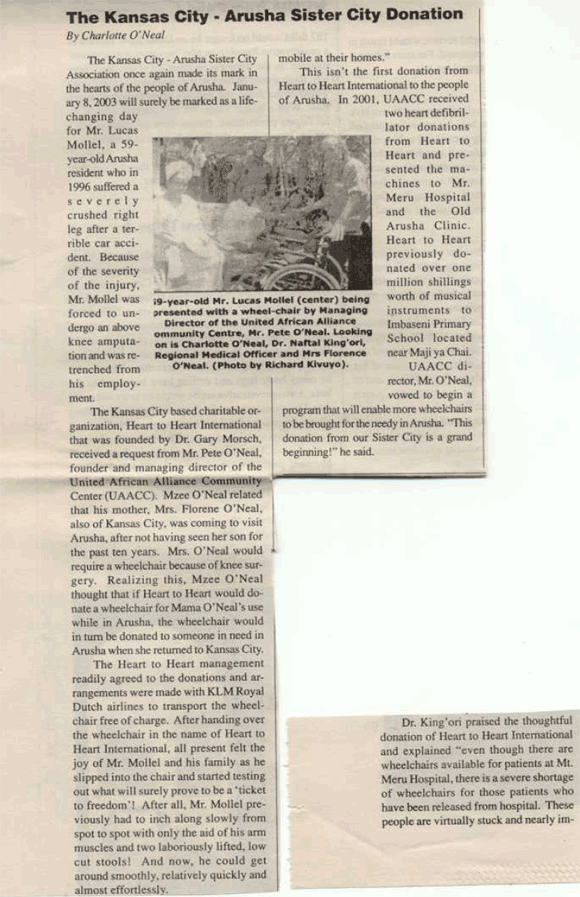 The Kansas City - Arusha Sister City Donation