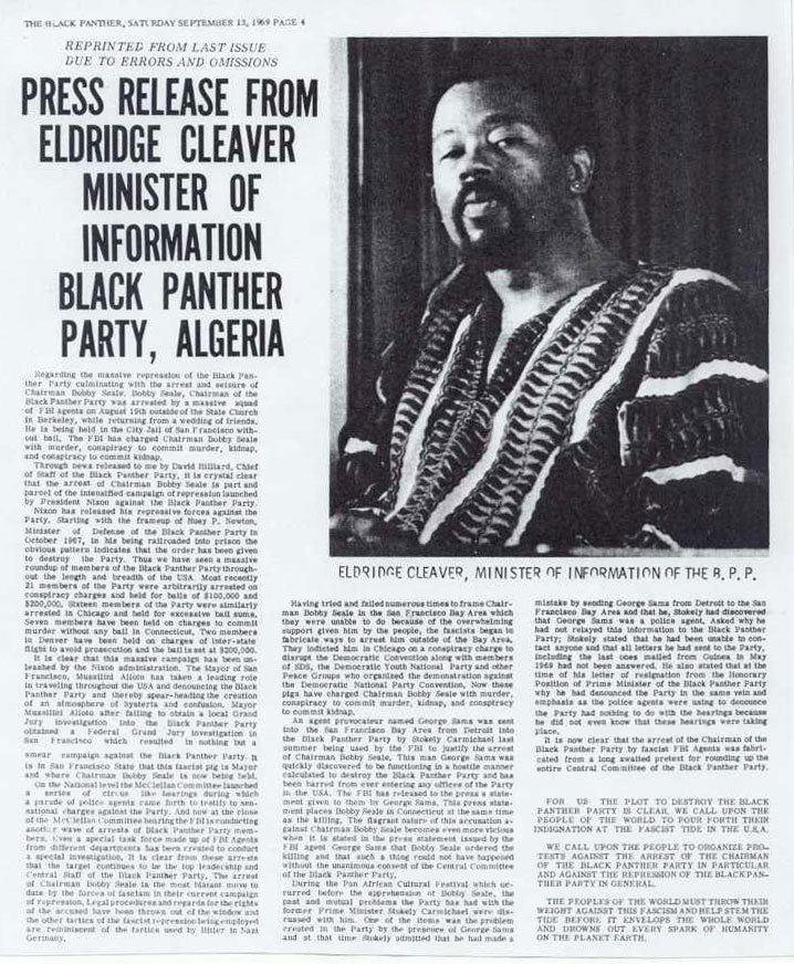 Press Release from Eldridge Cleaver